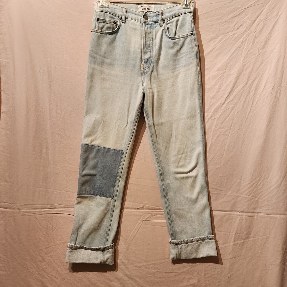 Reformation Sz 27 Cynthia Jeans Womens Patches High Rise Straight Leg Blue Denim